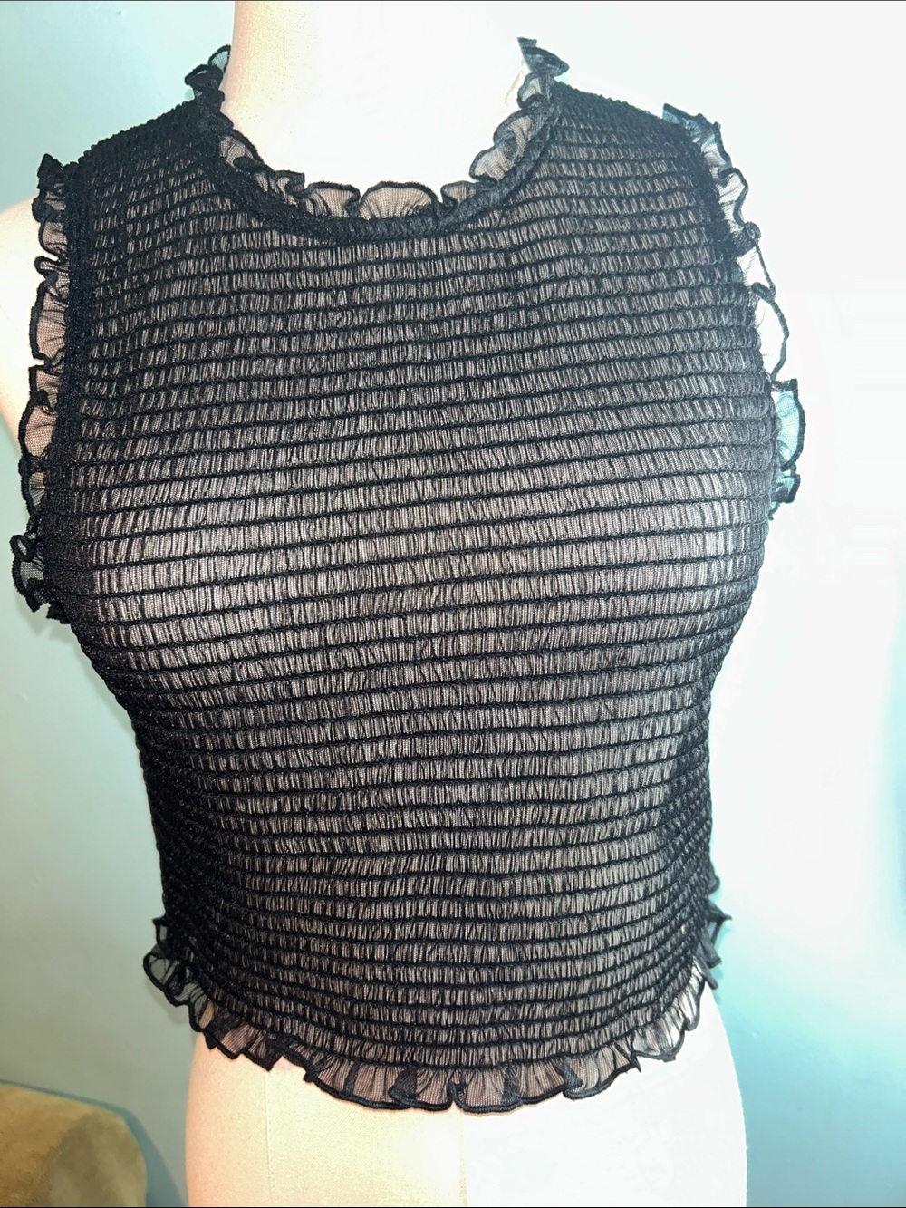 Zara Black Smocked Mesh Ruffle Tank Top